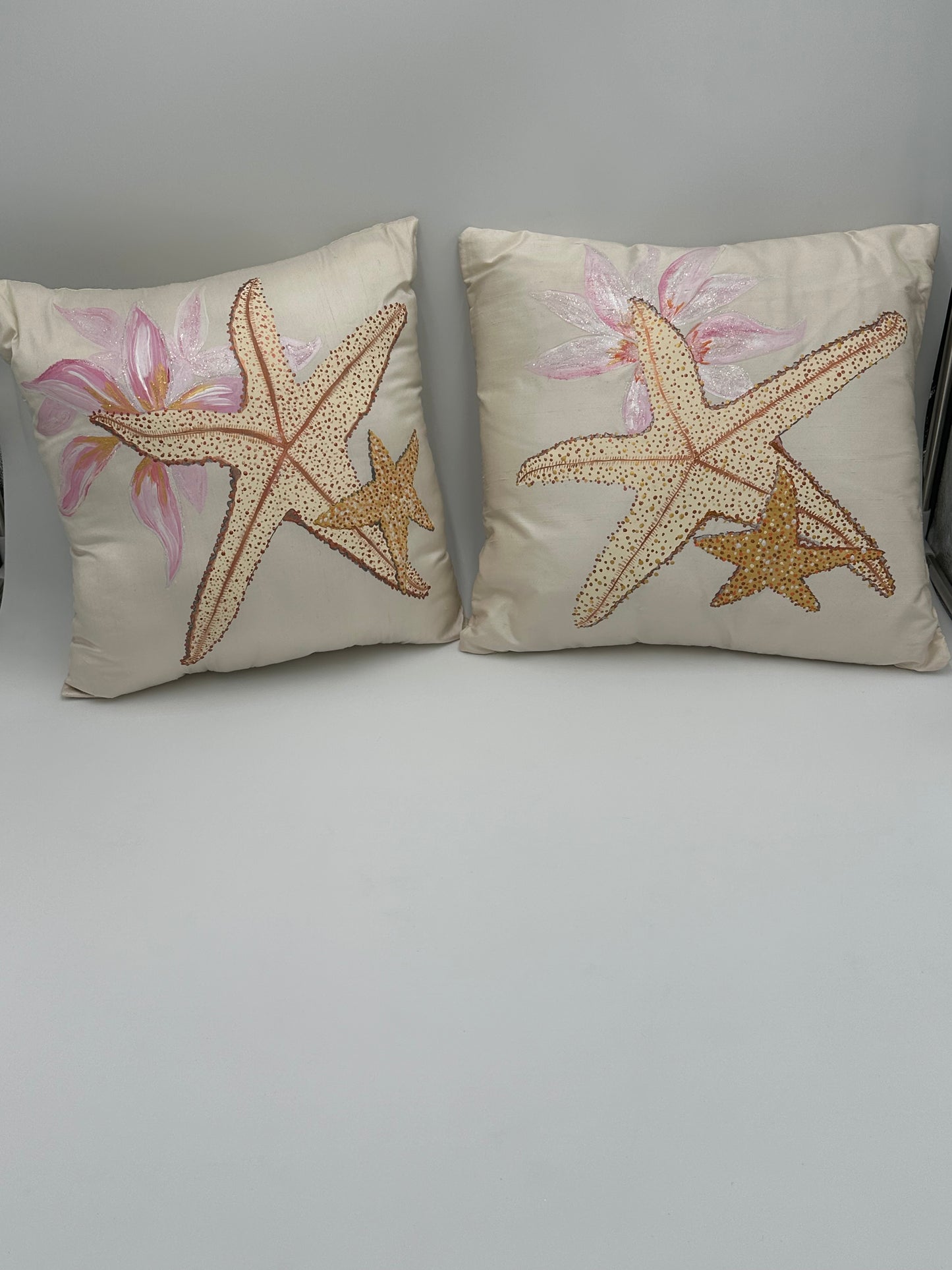 Hand Painted Dupioni Silk Pillow with Star Fish and Pink Plumeria