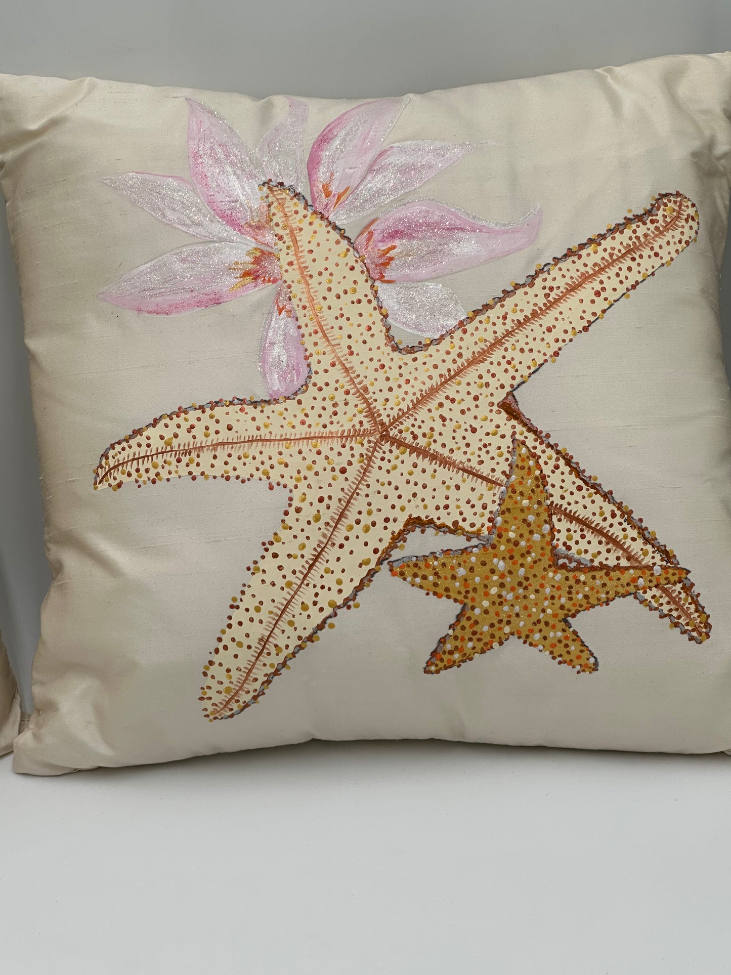 Hand Painted Dupioni Silk Pillow with Star Fish and Pink Plumeria