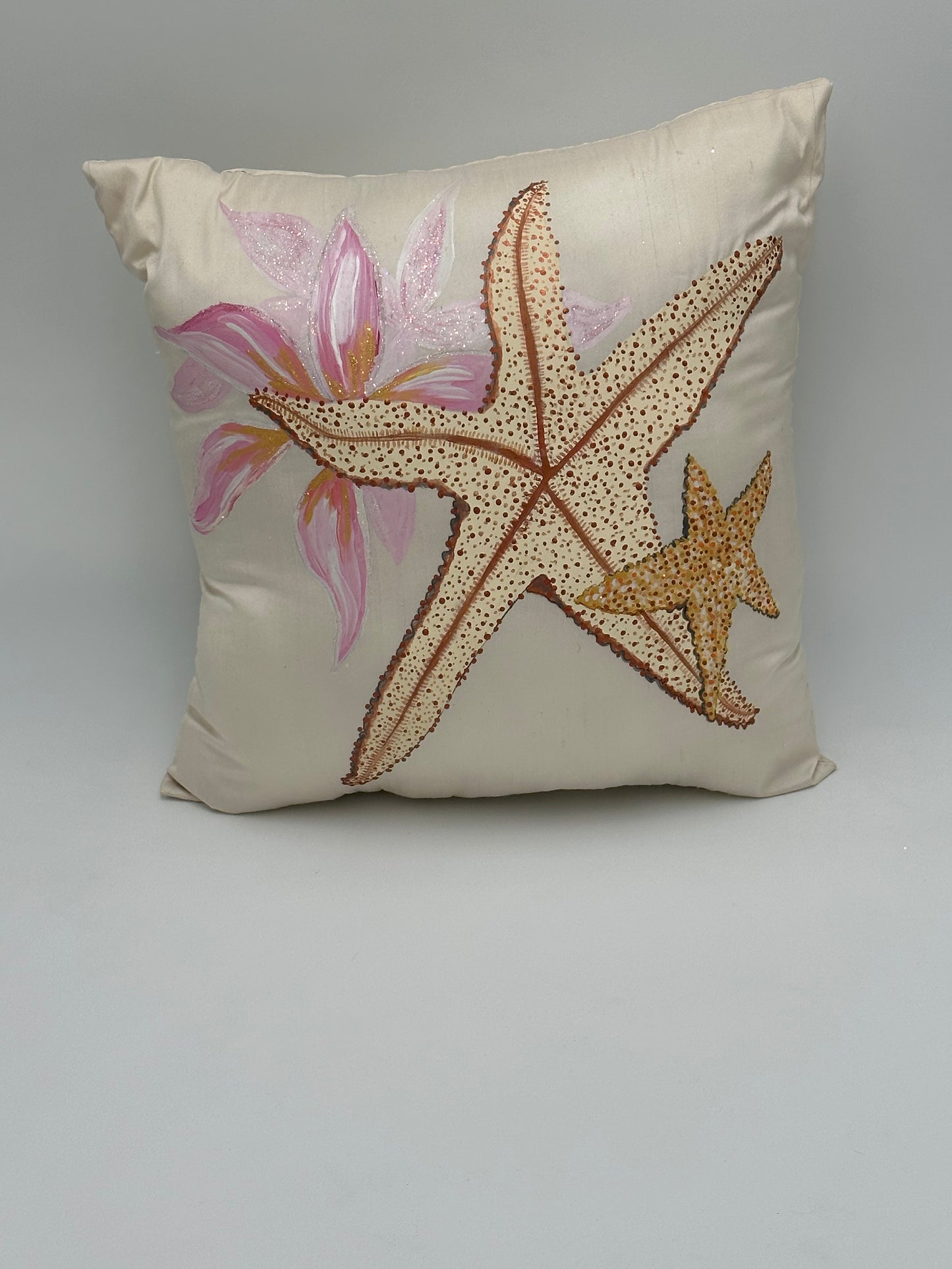 Hand Painted Dupioni Silk Pillow with Star Fish and Pink Plumeria