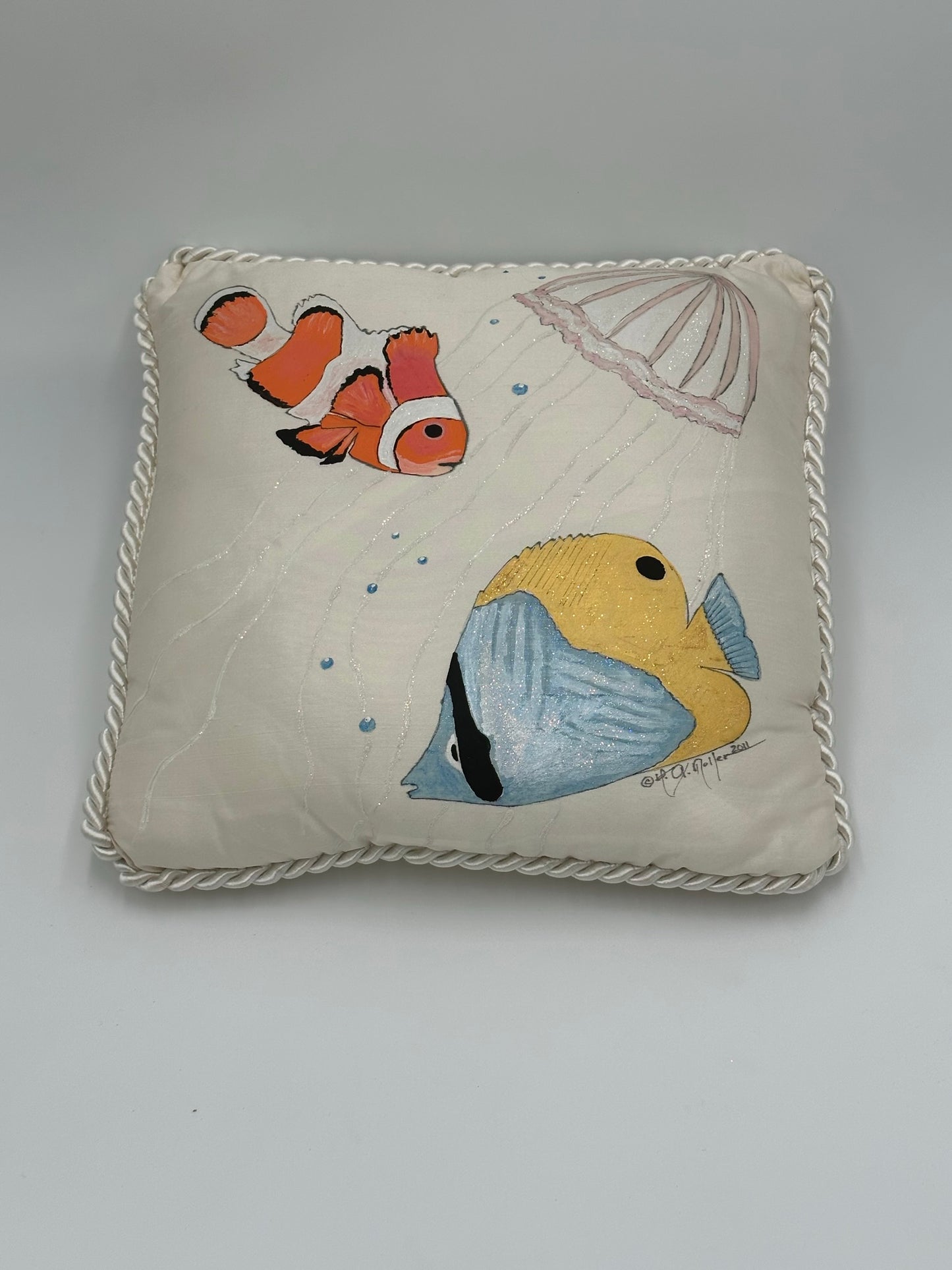 Hand painted Dupioni Silk Pillows with Fish