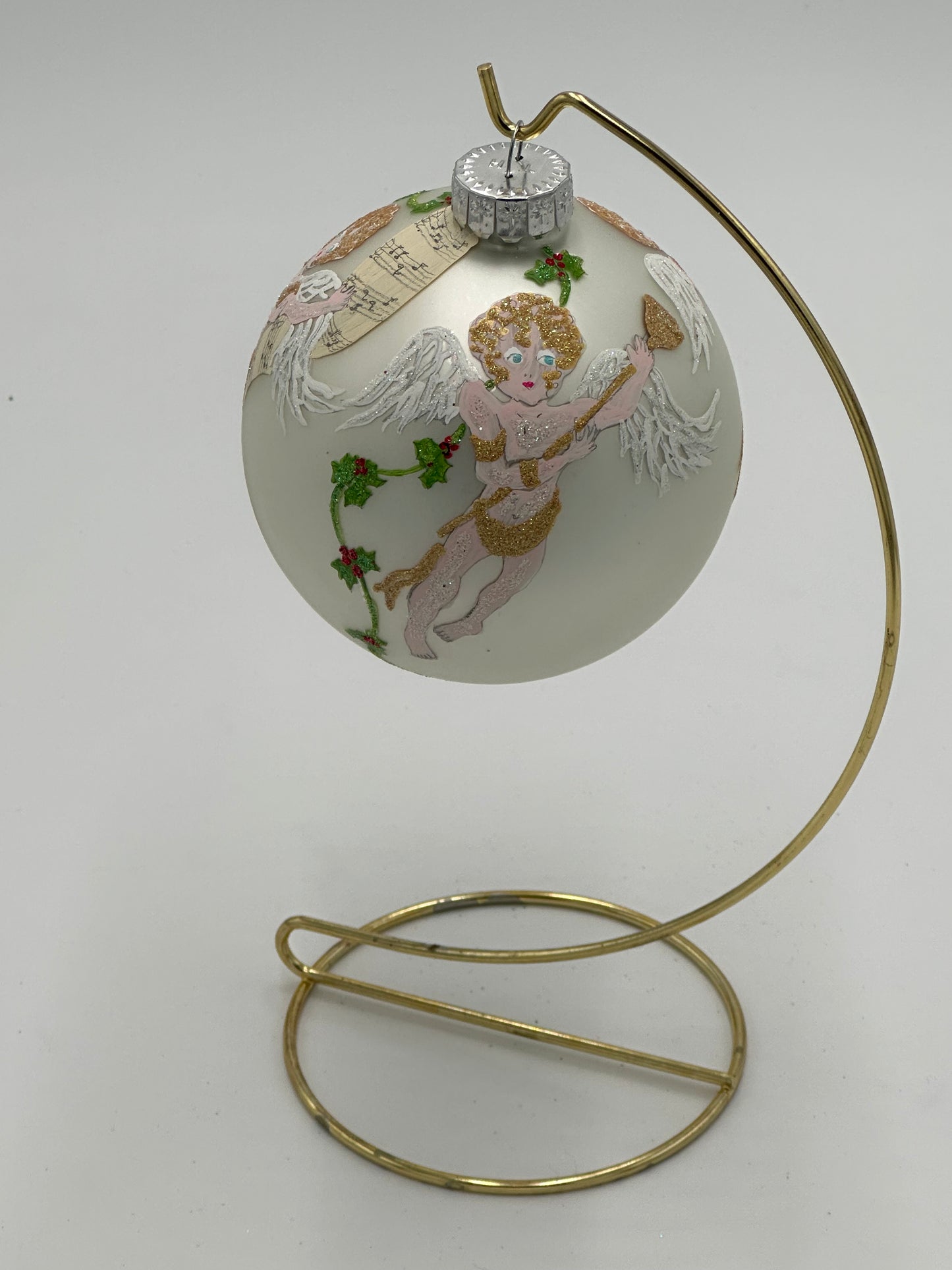 Hand Painted Glass  Christmas 3" Ball-  Singing Cherubs