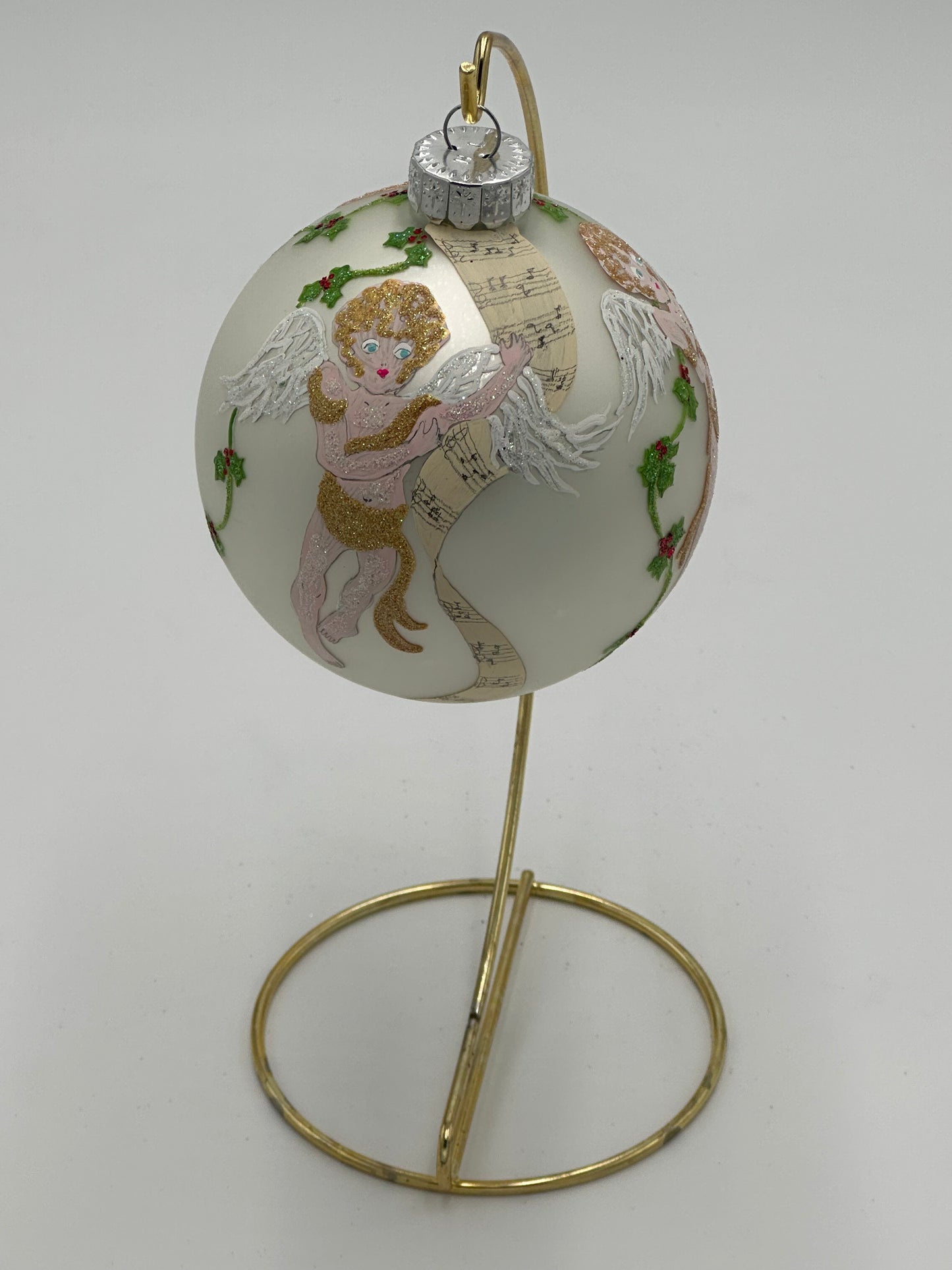 Hand Painted Glass  Christmas 3" Ball-  Singing Cherubs