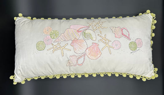 Hand painted Dupioni Silk Lumbar Pillow with Seashells