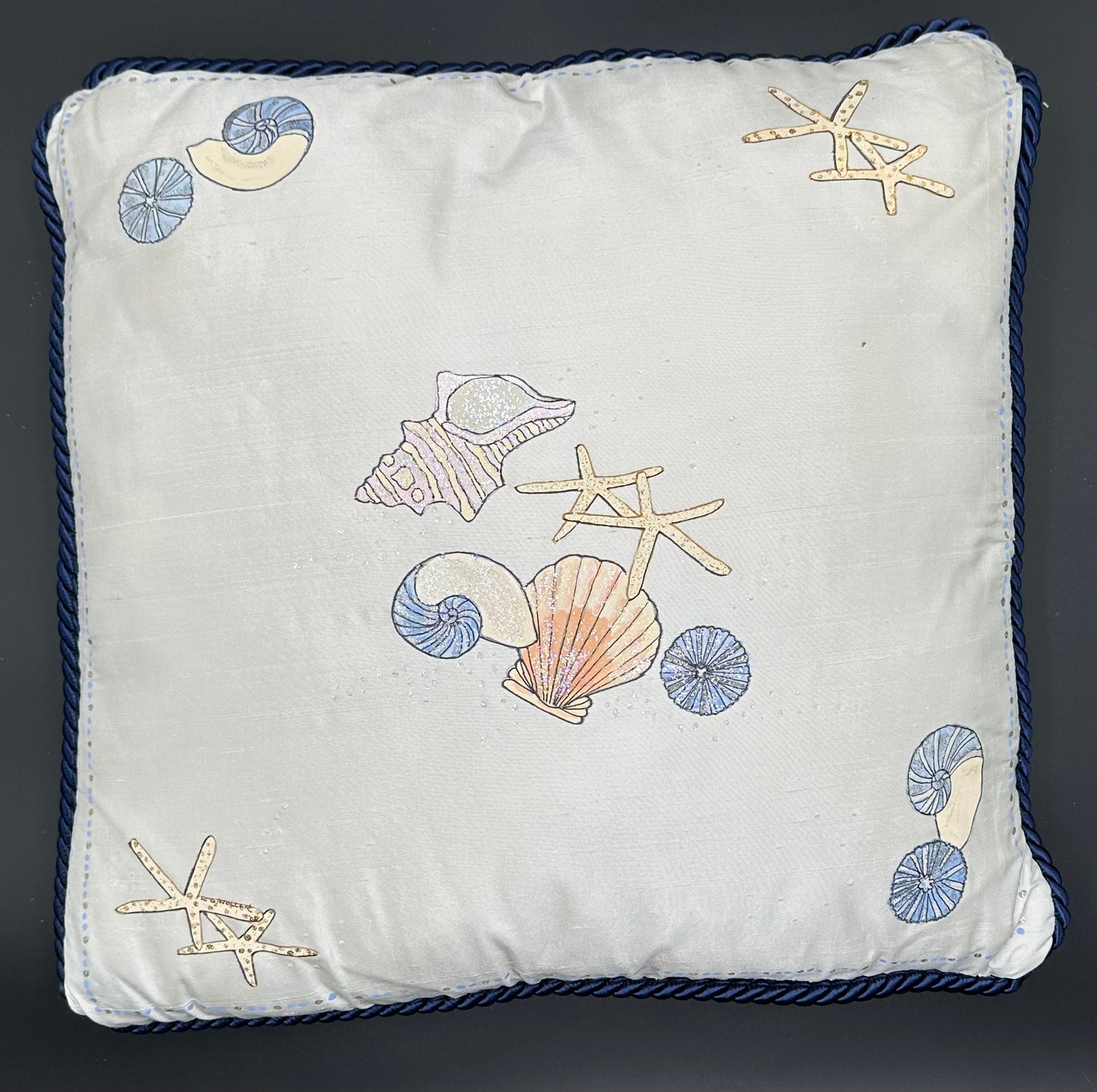 Hand painted Dupioni Silk Lumbar Pillow with Seashells