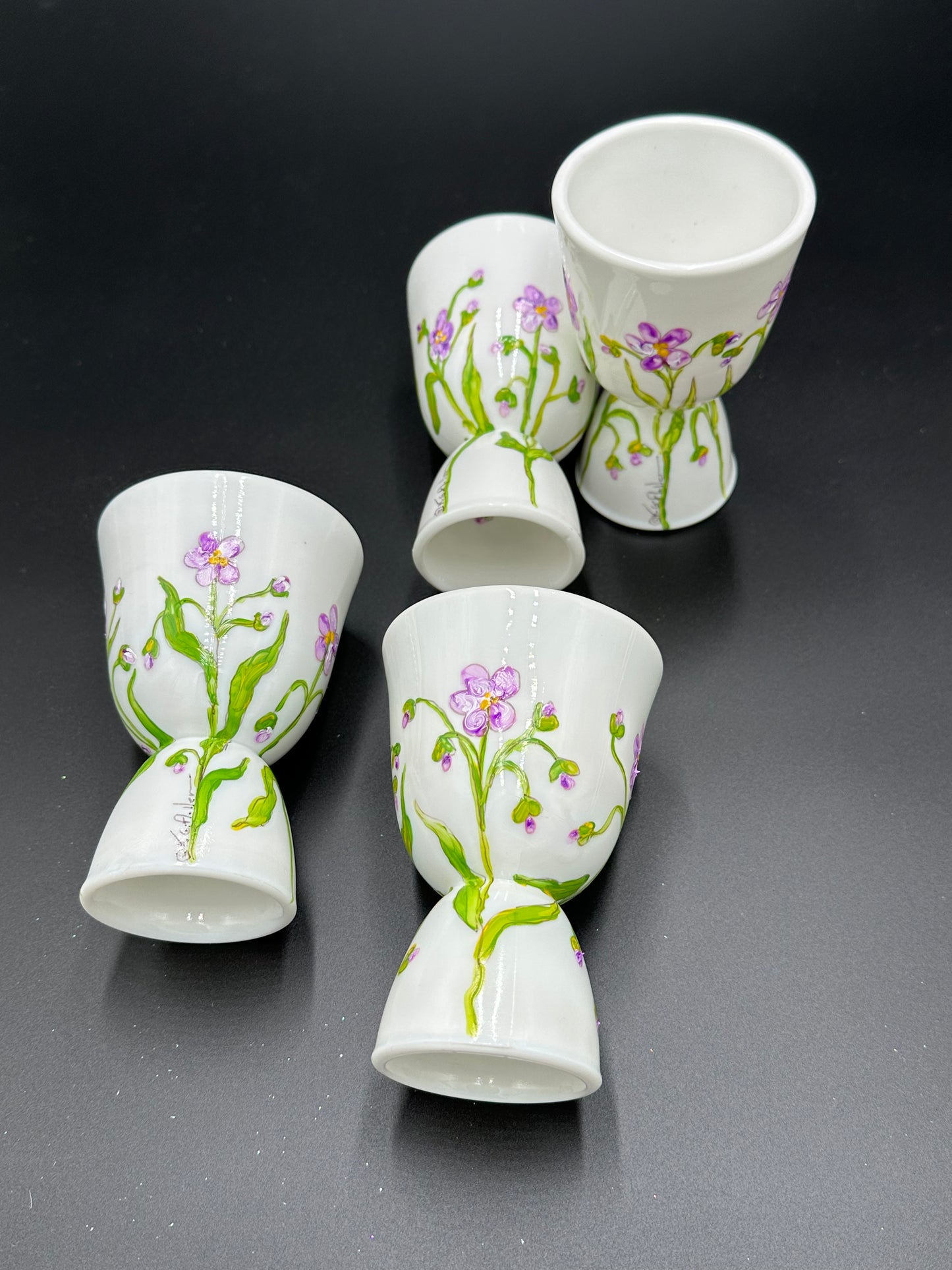 Four Hand Painted Violet Egg Cups