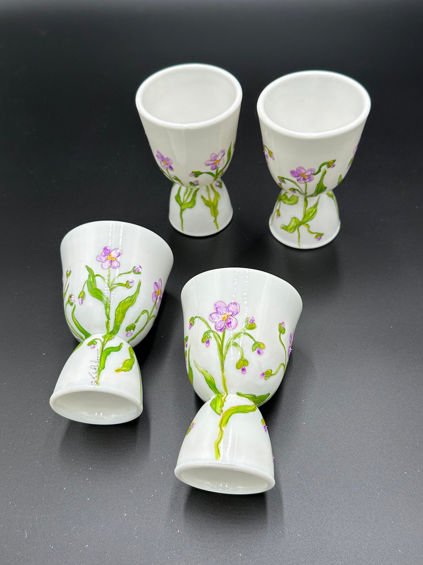 Four Hand Painted Violet Egg Cups