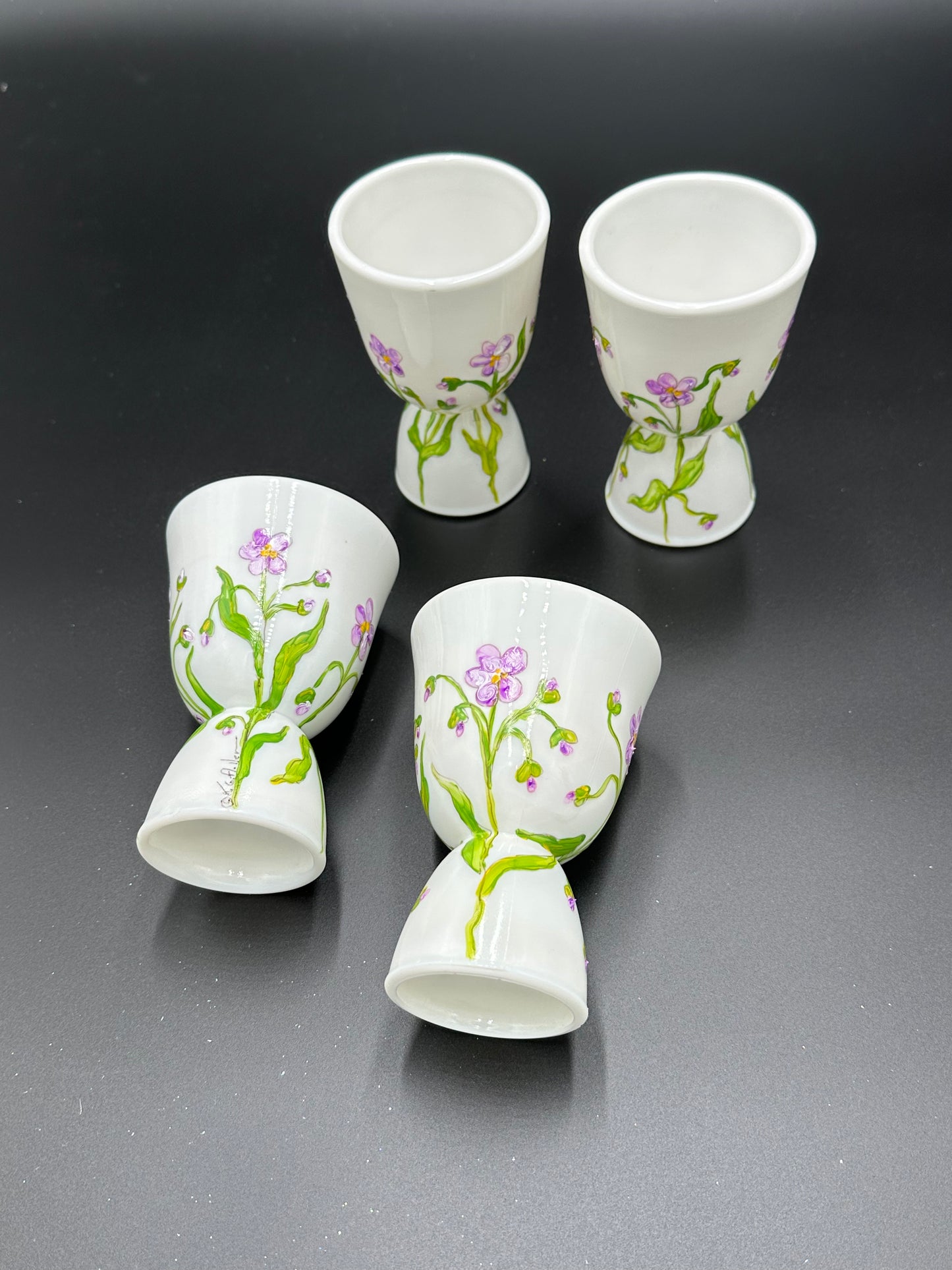 Four Hand Painted Violet Egg Cups