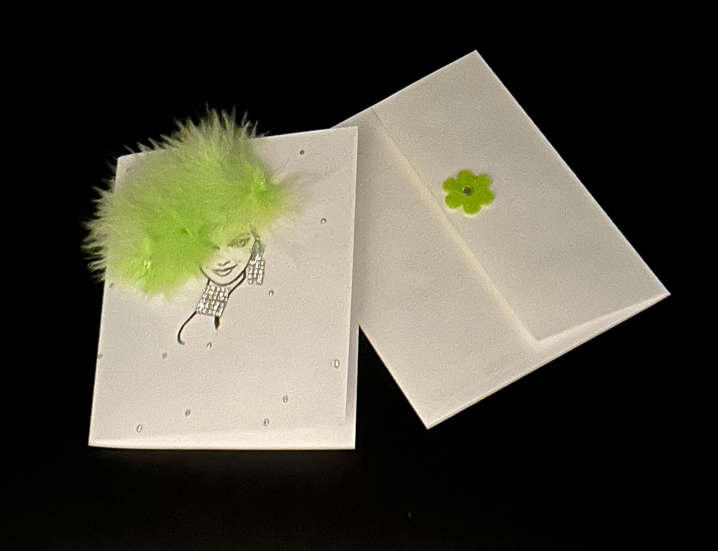 Hand Painted Greeting Card - "Fancy Lady with Green Feather"