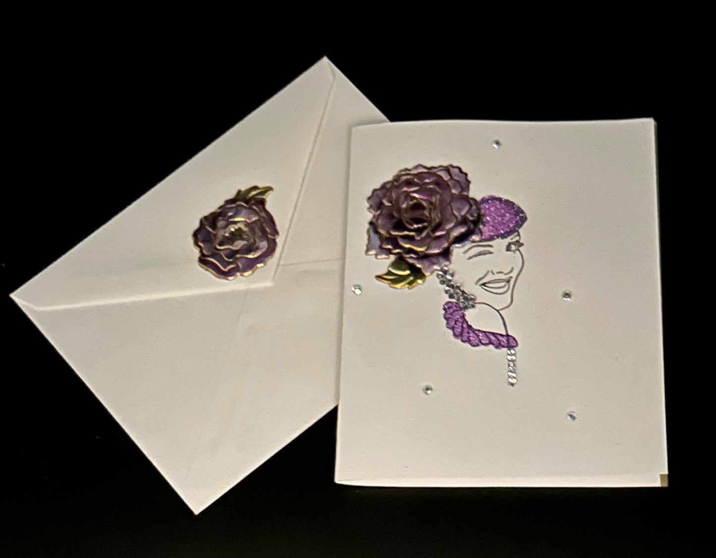 Hand Painted Greeting Card - "Fancy Lady with Purple Rose"