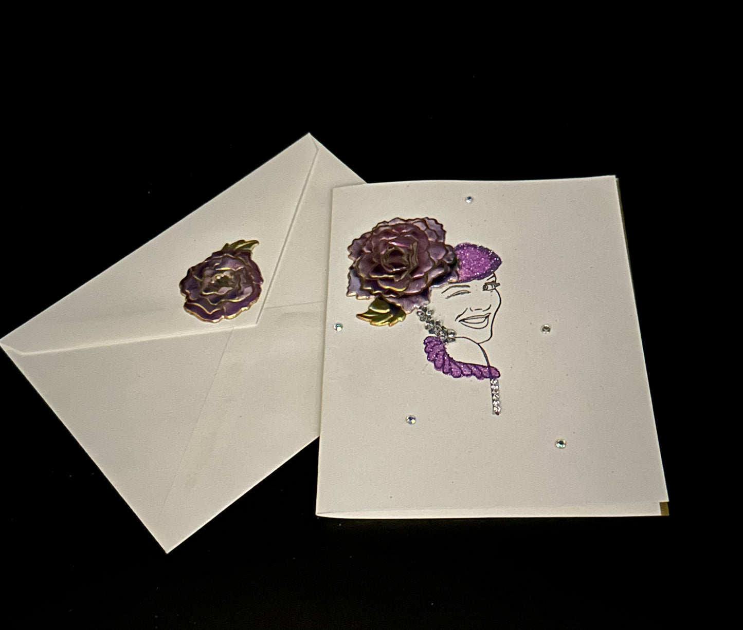 Hand Painted Greeting Card - "Fancy Lady with Purple Rose"