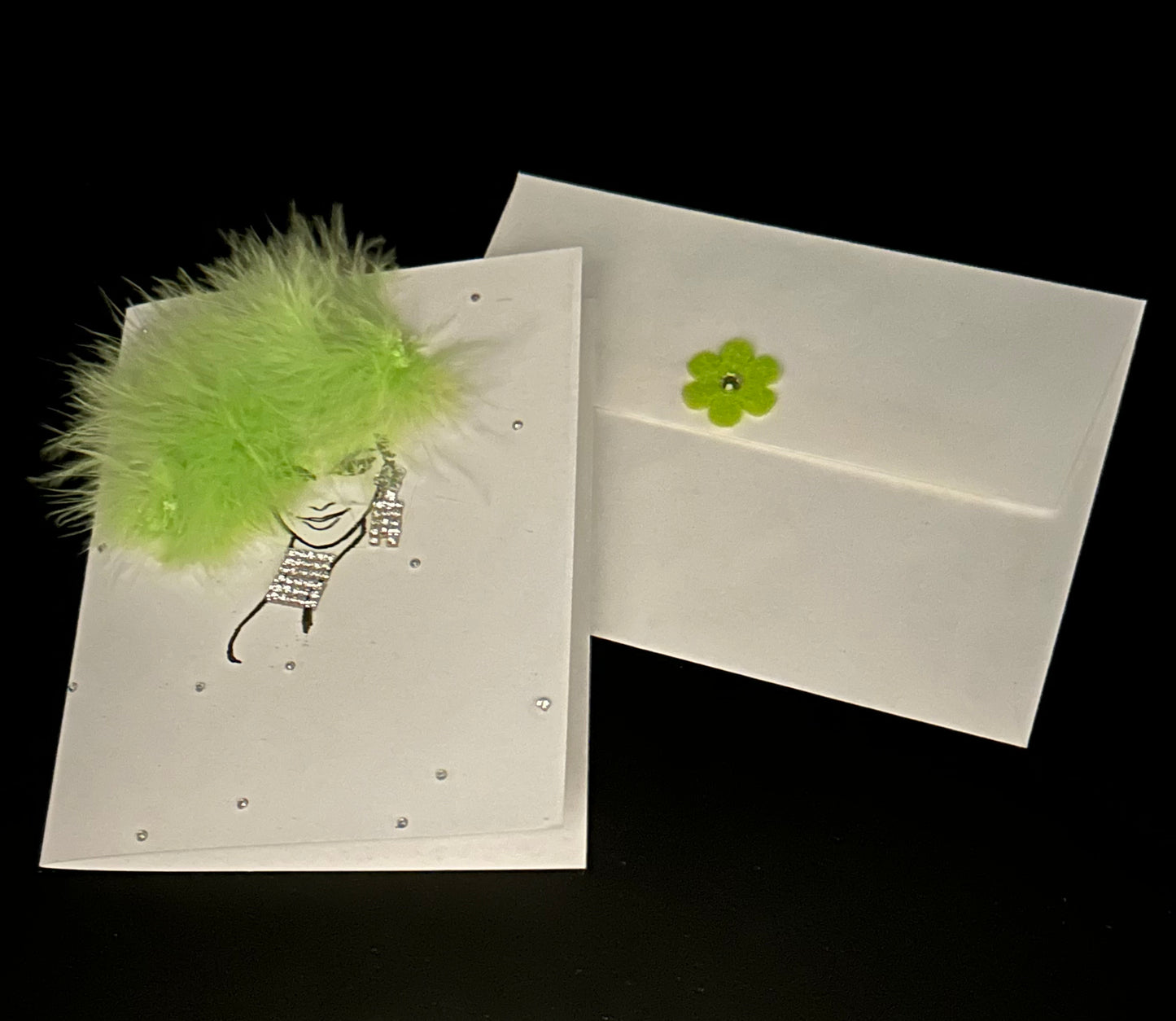 Hand Painted Greeting Card - "Fancy Lady with Green Feather"