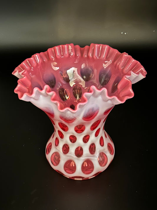 Vintage Fenton Art Glass Coin Dot ruffled cut Cranberry Vase