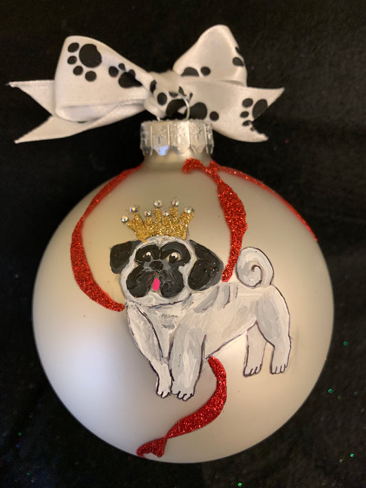 Hand Painted Glass Christmas 3" Balls PUGS with CROWNS Ball