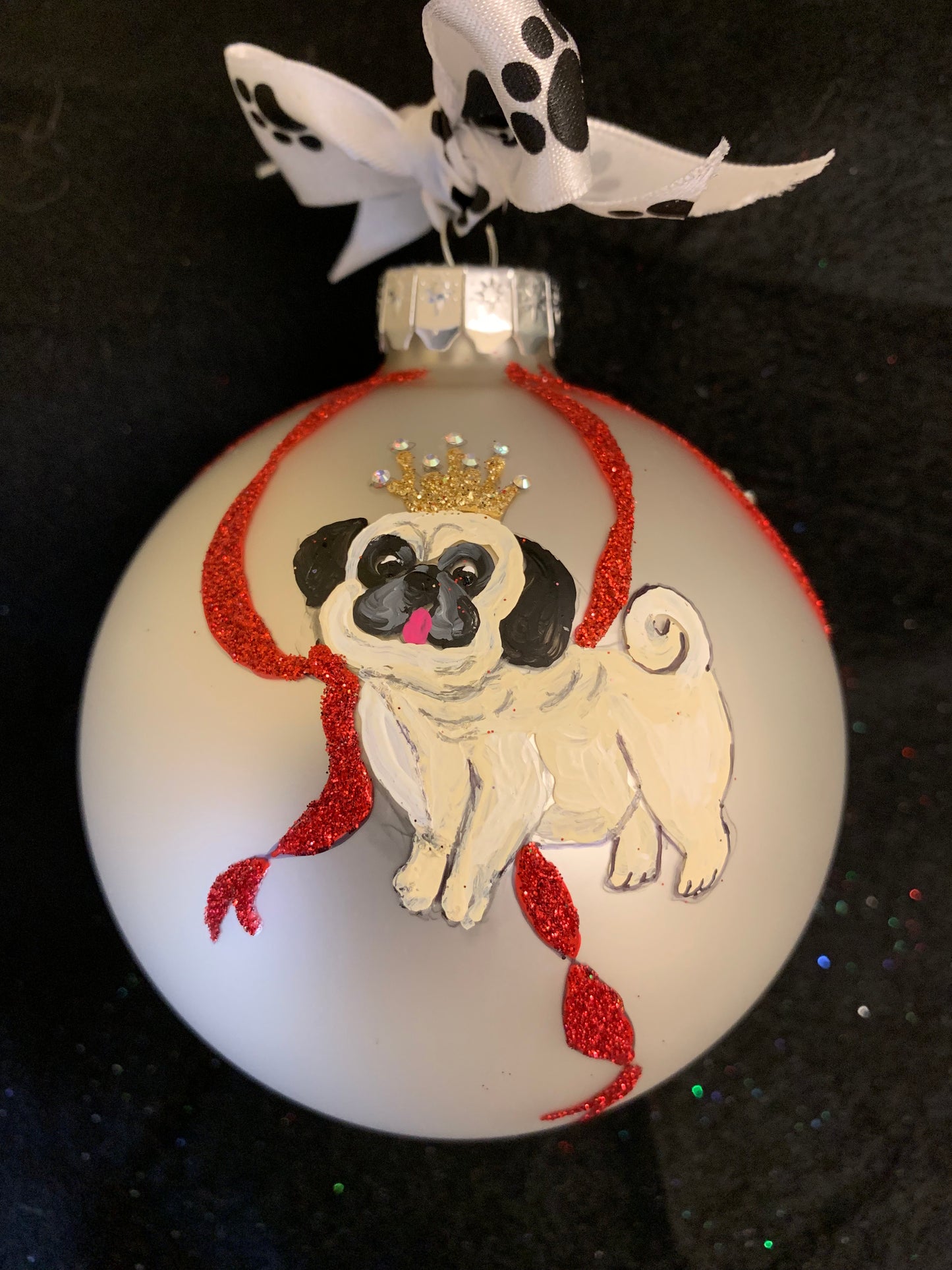 Hand Painted Glass Christmas 3" Balls PUGS with CROWNS Ball