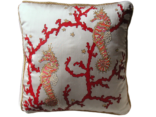 Hand Painted Dupioni Silk Pillow with Seahorses